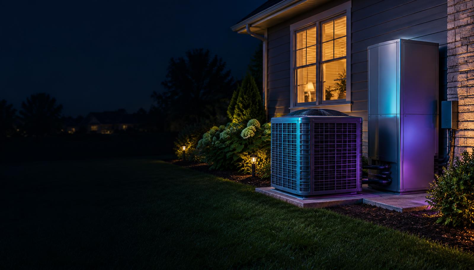 Residential HVAC equipment installed beside a home at dusk
